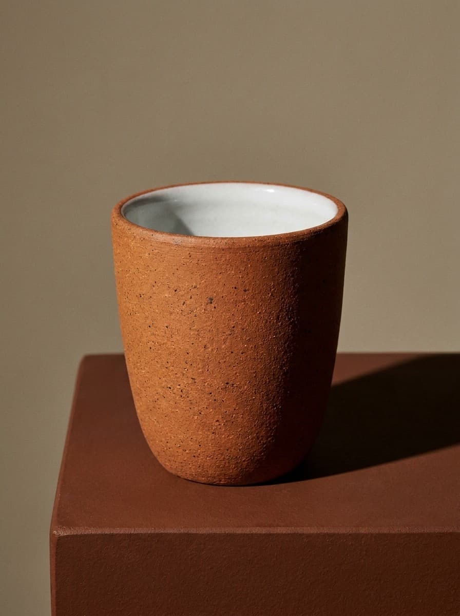 The Kiln Cup, red stoneware with a white glazed interior, on a terracotta plinth.