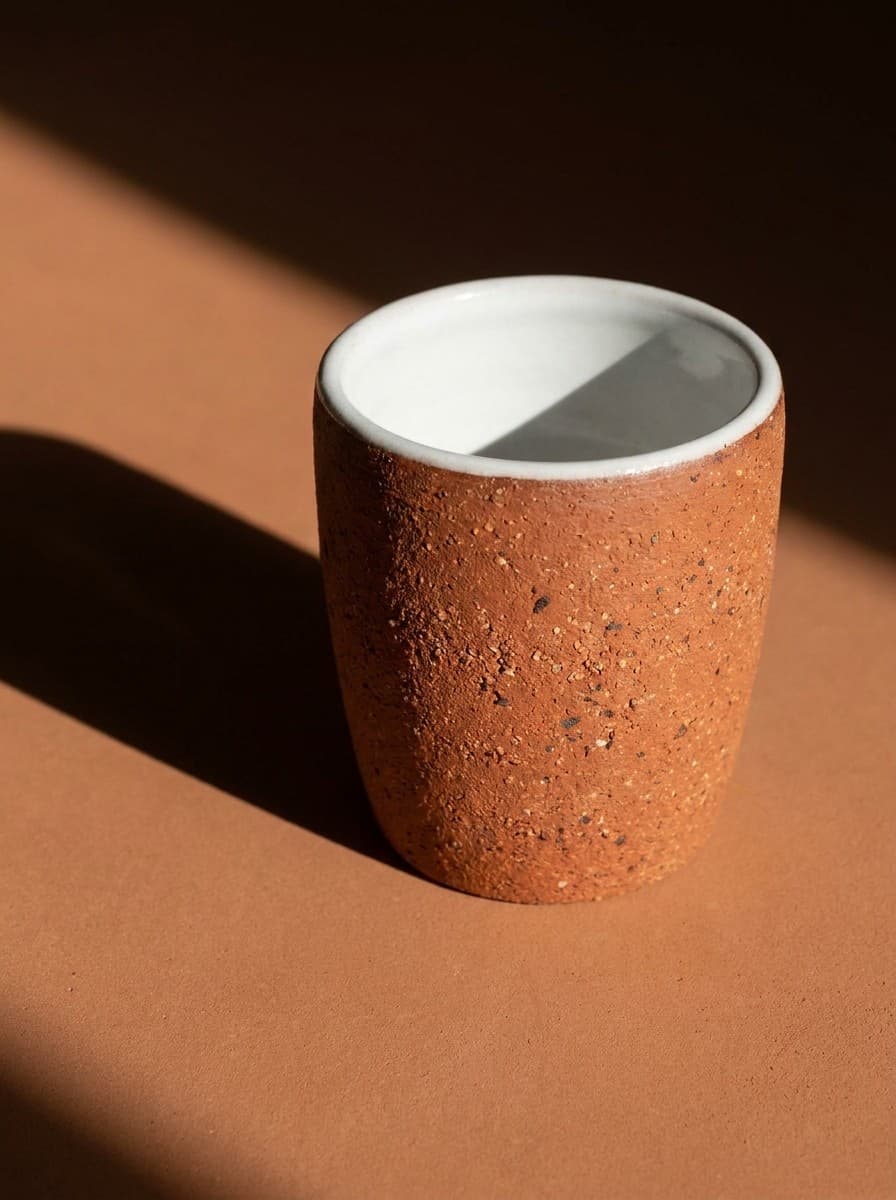 The Kiln Cup in raking light on a terracotta surface.