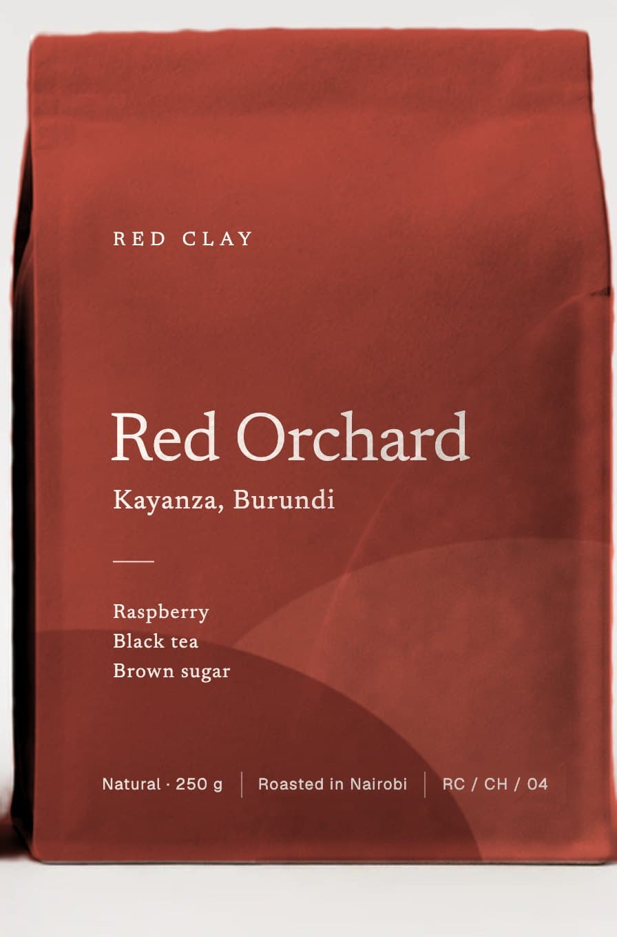 Red Orchard coffee bag, front.